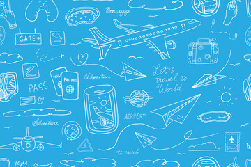 Trendy seamless travel pattern in doodle style. Suitcase, baggage, plane, fly, ticket, postcard, flight, boarding pass, clouds, view from the window, postage stamp, passport stamp, passport, route