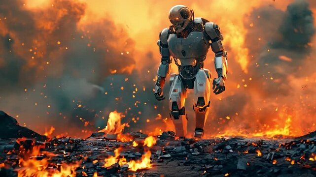Robotic military cyborg strolls amid flames, conflict, and the end of the world