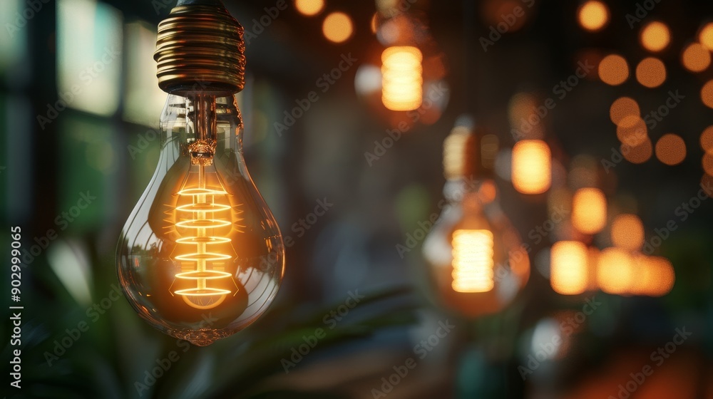 Poster a close-up of a glowing vintage light bulb, with a string of others in the background, creating a wa