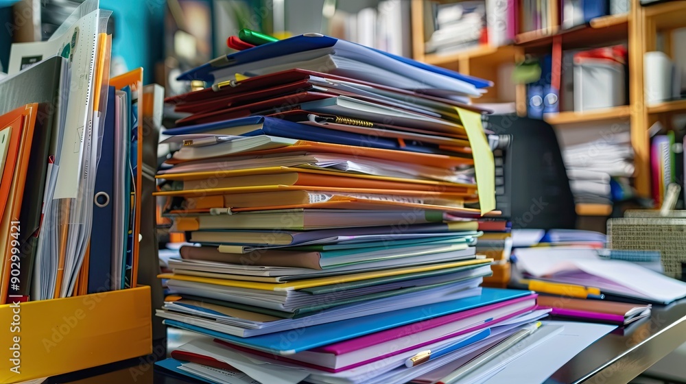 Aufkleber office desk covered with a stack of folders and binders, representing diligent work and administrati