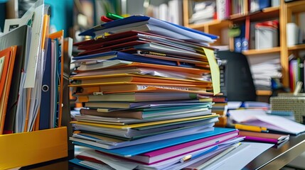 Office desk covered with a stack of folders and binders, representing diligent work and administration