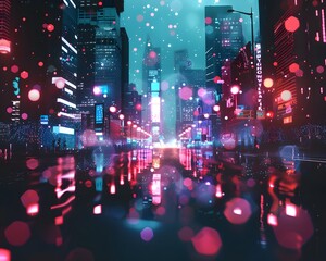 Obraz premium Illustration of A trendy digital poster featuring vibrant, colorful dot fonts in a futuristic cityscape at night. Ai Generate. 