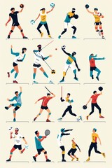 A grid of simplistic characters depicting Olympic sports such as volleyball, equestrian, table tennis, and judo