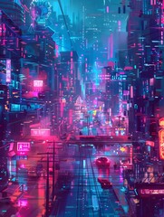 Illustration of A trendy digital poster featuring vibrant, colorful dot fonts in a futuristic cityscape at night. Ai Generate.
