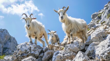 Obraz premium a family of goats climbing rocky terrain on a sunny day, with distant mountains