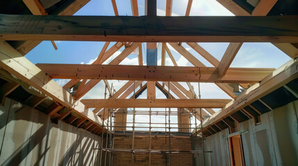 Wooden beams of a house under construction against a clear sky