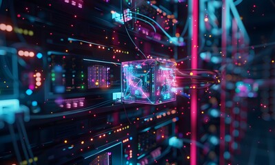 Fototapeta premium Network cables and data center server rack with glowing hologram icon in glass cube, technology background, 