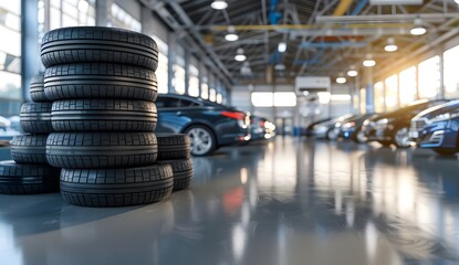 modern car shop, rows of new tires stacked on the floor, cars parked in the background, daylight, 
