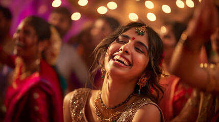 Fototapeta premium Young Indian woman dancing in traditional festival attire.