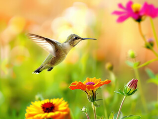 Naklejka premium Hummingbird Hovering Near Colorful Flowers in Sunlit Garden
