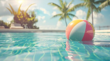A vibrant beach ball drifts in a sparkling pool surrounded by palm trees, capturing the essence of summer fun and relaxation.