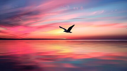 Fototapeta premium Silhouette of a bird in flight over a calm lake at sunset, with a vibrant sky creating a serene scene.