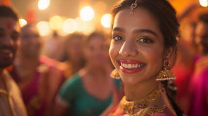 Fototapeta premium Young Indian woman smiling in traditional festival attire.