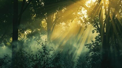 Silhouette of a dense forest with mist rising, illuminated by the soft glow of morning sunlight.