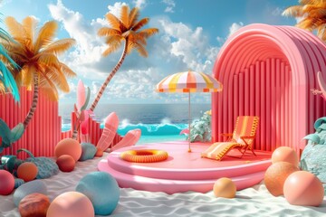 A vibrant coastal retreat with a striped yellow and pink umbrella, orange lounge chair, and bright pink arches. 