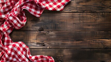 Top view of red checkered tablecloth on blank empty wooden table background banner, food concept, Generative AI