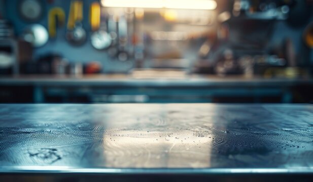 A metal blank tabletop with blurred automotive tools and parts in the background suitable for promoting automotive products, Generative AI