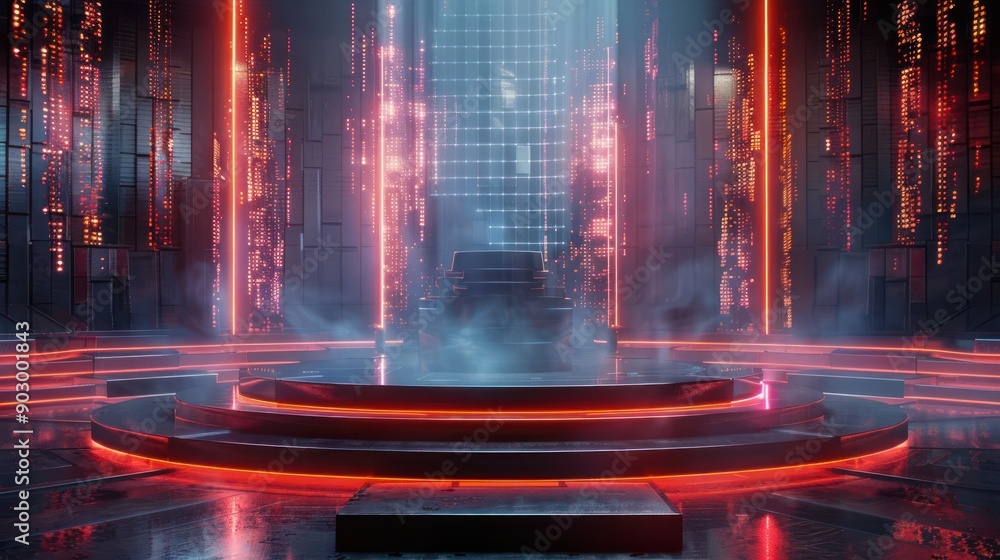 Poster a futuristic scene with a red and blue color scheme