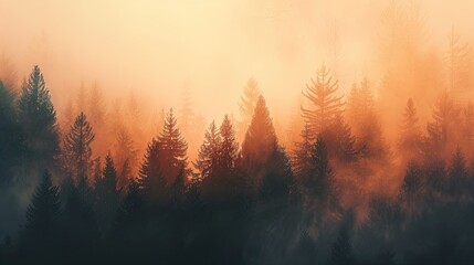 Silhouette of a forest emerging from a foggy background, with gentle morning light creating a mystical atmosphere.