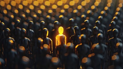Obraz premium A man stands out in a crowd of people. The man is wearing a yellow shirt and is surrounded by a group of people wearing black shirts