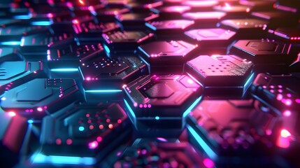 Fototapeta premium A futuristic geometric background with a grid of neon-lit hexagons