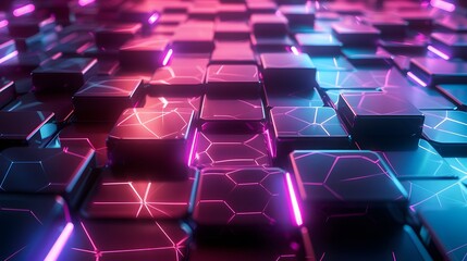 Obraz premium A futuristic geometric background with a grid of neon-lit hexagons