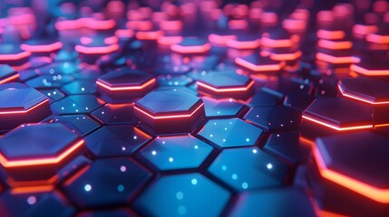 Fototapeta premium A futuristic geometric background with a grid of neon-lit hexagons