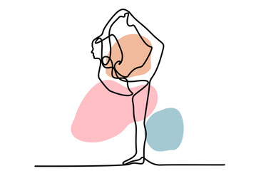 Continuous line drawing exercising woman yoga pose. Hand drawn single line vector illustration