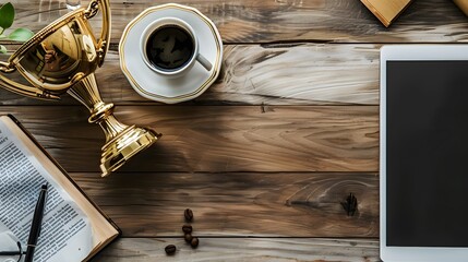 A Cozy Workspace with a Trophy, Coffee, and Tablet on a Rustic Wooden Table