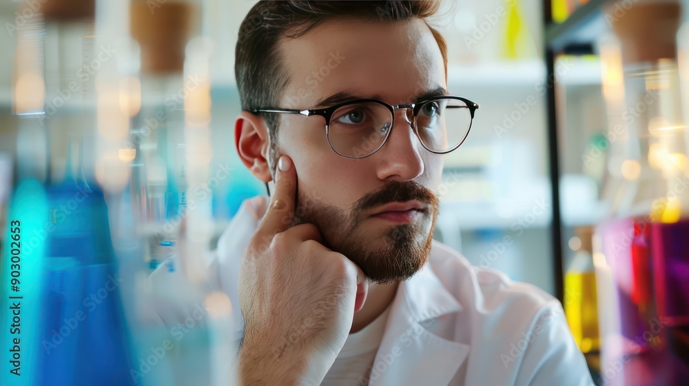 Poster scientist stroking chin thoughtfully while analyzing data in a laboratory