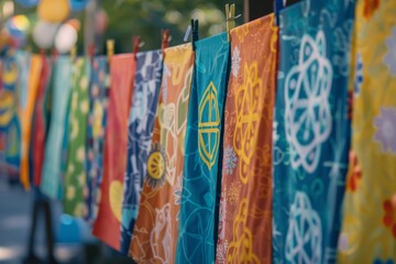 Colorful fabric banners adorned with symbols of peace and unity, celebrating [country]'s national peace day. The banners are waving gently in the wind, conveying a sense of harmony and togetherness.