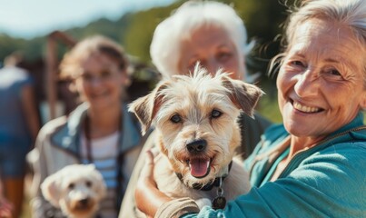 A group of enthusiastic seniors volunteering at a local animal shelter, giving back to their community, Generative AI
