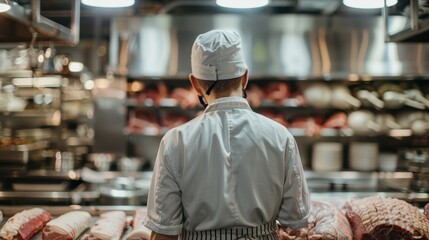 A chef stands in front of a meat counter, wearing a white hat and a mask. The scene is set in a restaurant kitchen, with various meats on display. The chef appears to be focused on his work