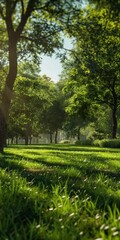 A vibrant park filled with lush green lawns and majestic trees, sunlight streaming through the leaves, creating a peaceful retreat.