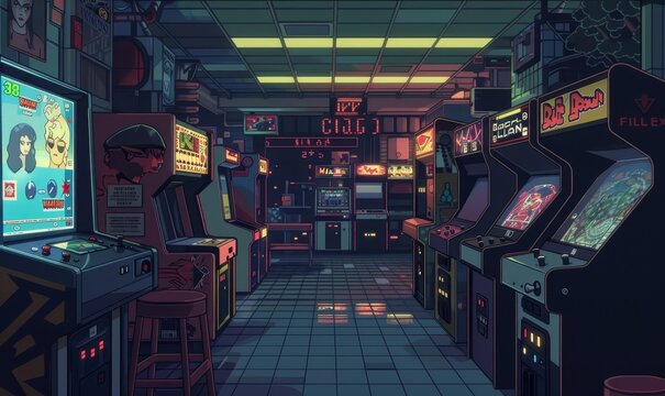 Nostalgic 80s arcade video games in pixel art minimal surrounded by retro futuristic aesthetics, Generative AI