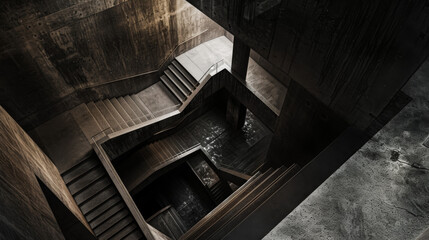 Fototapeta premium Aerial view of a landing with a steep staircase and dark walls.
