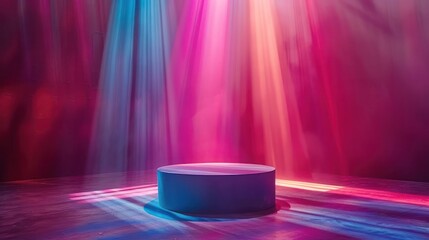 A stage with a blue podium in the center