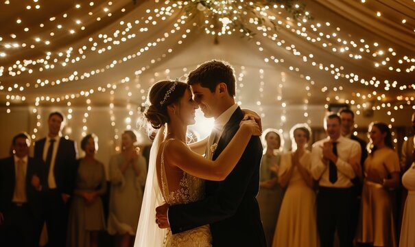 Bride and groom dancing under fairy lights with wedding guests celebrating indoors in a beautifully lit reception hall, Generative AI