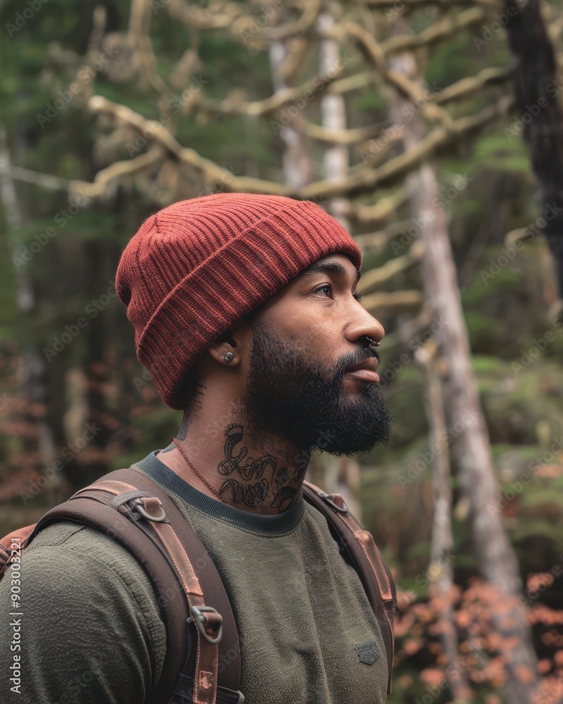 Wall mural a man with a beard wearing a red beanie and backpack