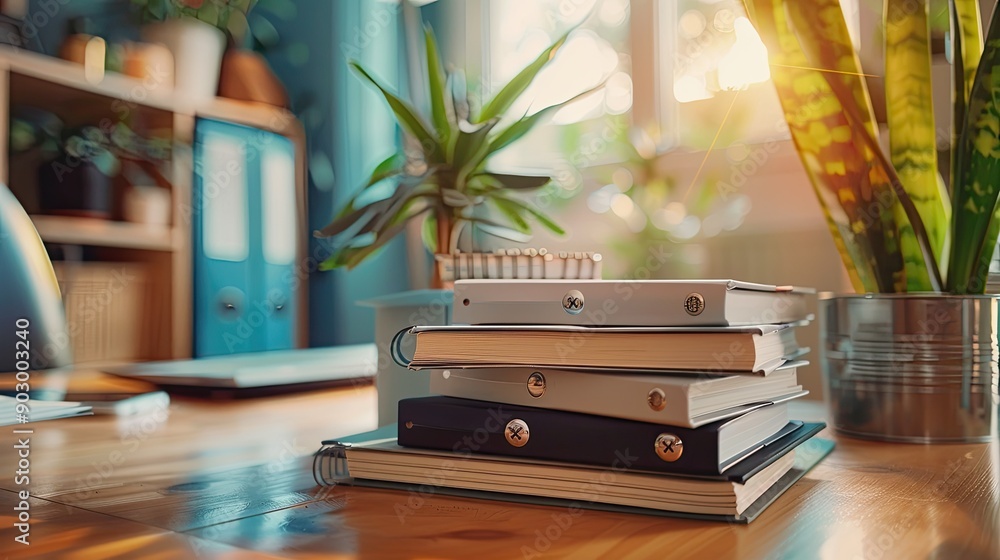 Aufkleber stack of folders and binders on an office table, representing a busy workspace and organization