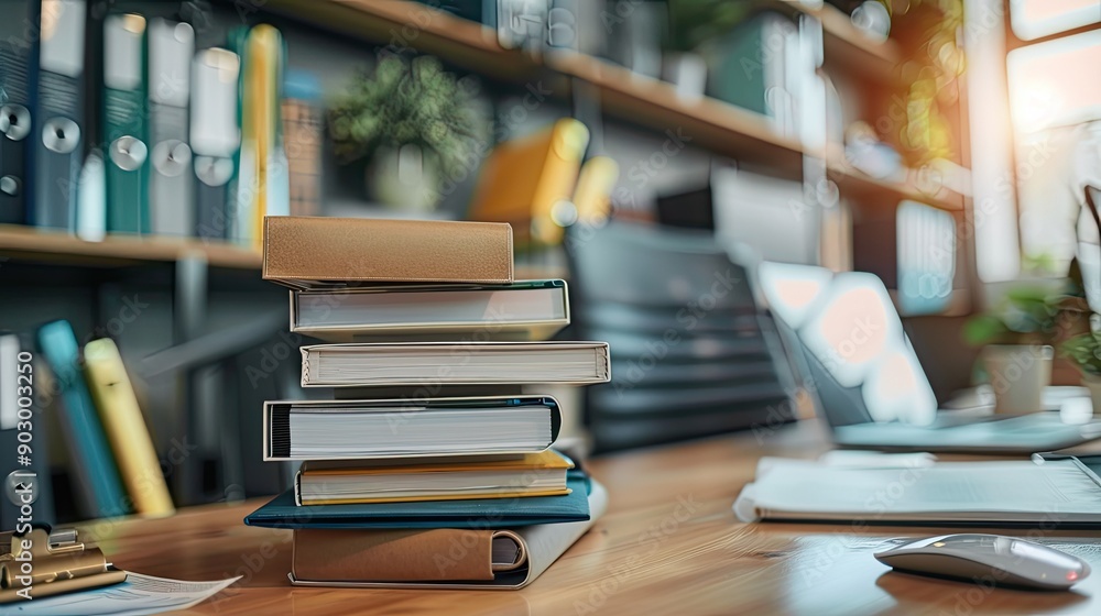 Aufkleber stack of folders and binders on an office table, representing a busy workspace and organization