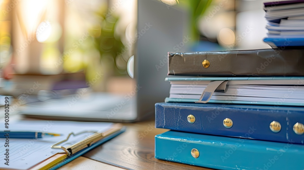 Aufkleber stack of folders and binders on an office table, representing a busy workspace and organization