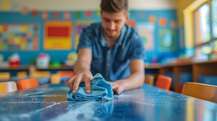 A man cleaning a classroom desk with a blue rag, ensuring a tidy and orderly environment.