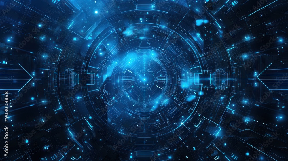 Poster abstract digital background with blue neon lights and circular pattern.