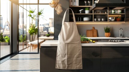 Beige linen apron mock-up in a modern kitchen setting.