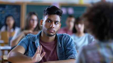 Fototapeta premium Student shaking head in disagreement with a classmate's opinion in a classroom