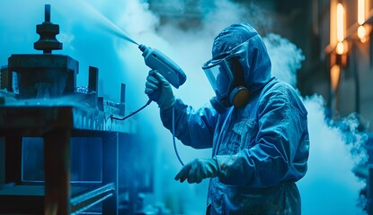 Worker in protective and mask spraying paint with high pressure from an airless gun on metal parts at the factory, with blue color smoke.