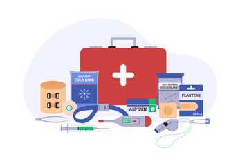 Vector illustration of a first aid kit with medicines. Flat style.