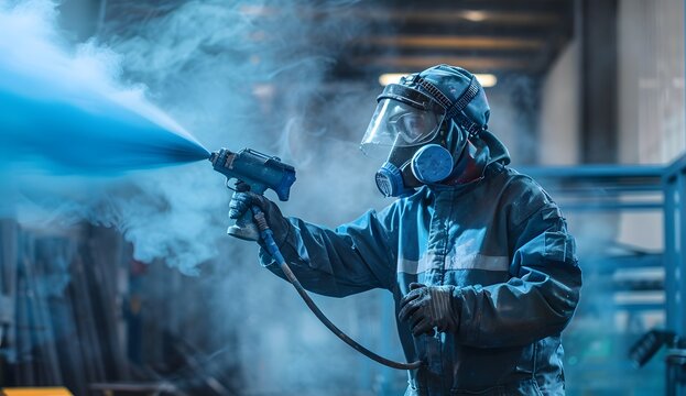 Worker in protective and mask spraying paint with high pressure from an airless gun on metal parts at the factory, with blue color smoke.