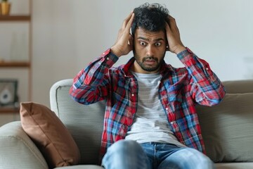 Shocked indian guy looking at cellphone screen, sitting on couch at home, holding phone and touching his head, reading bad news or message, copy space, Generative AI